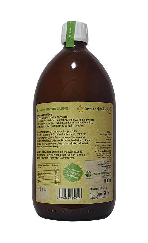 BIO! Renates NaturTrunk N° 1 Zitrone + Knoblauch 1000 ml In Glasflasche.